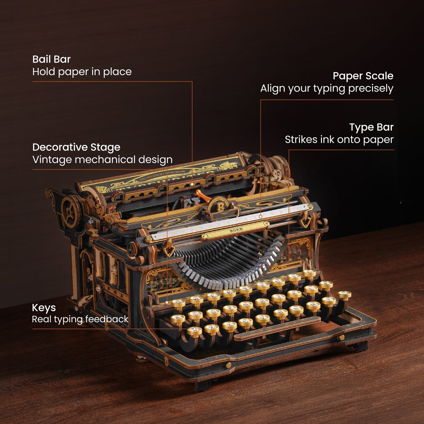 ROKR Mechanical Typewriter 3D Wooden Puzzle LK703B – Classic Vintage DIY Model Kit