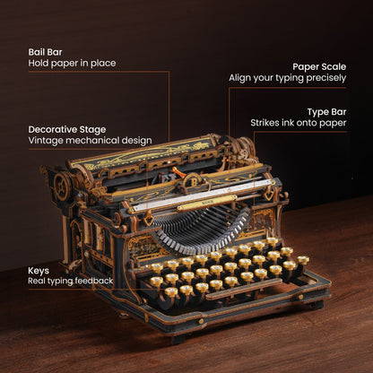 ROKR Mechanical Typewriter 3D Wooden Puzzle LK703B – Classic Vintage DIY Model Kit