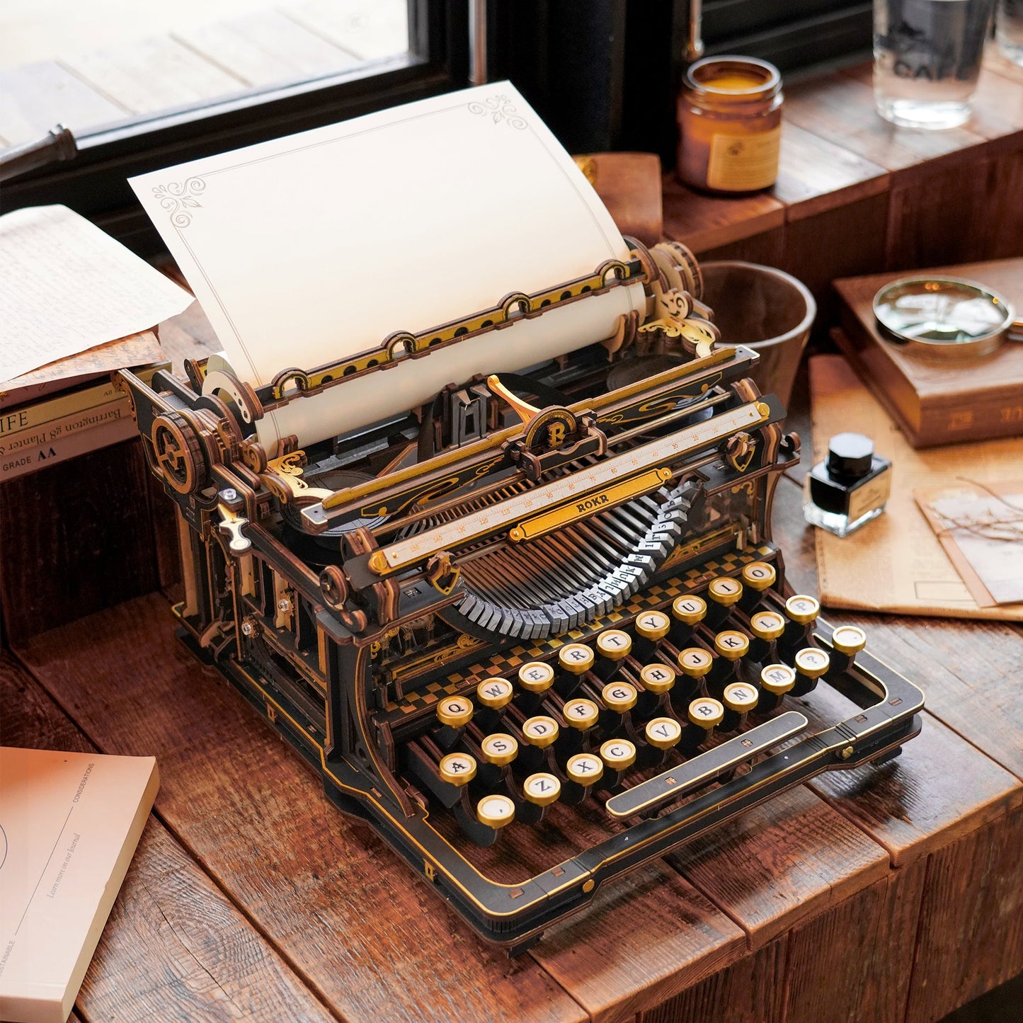 ROKR Mechanical Typewriter 3D Wooden Puzzle LK703B – Classic Vintage DIY Model Kit