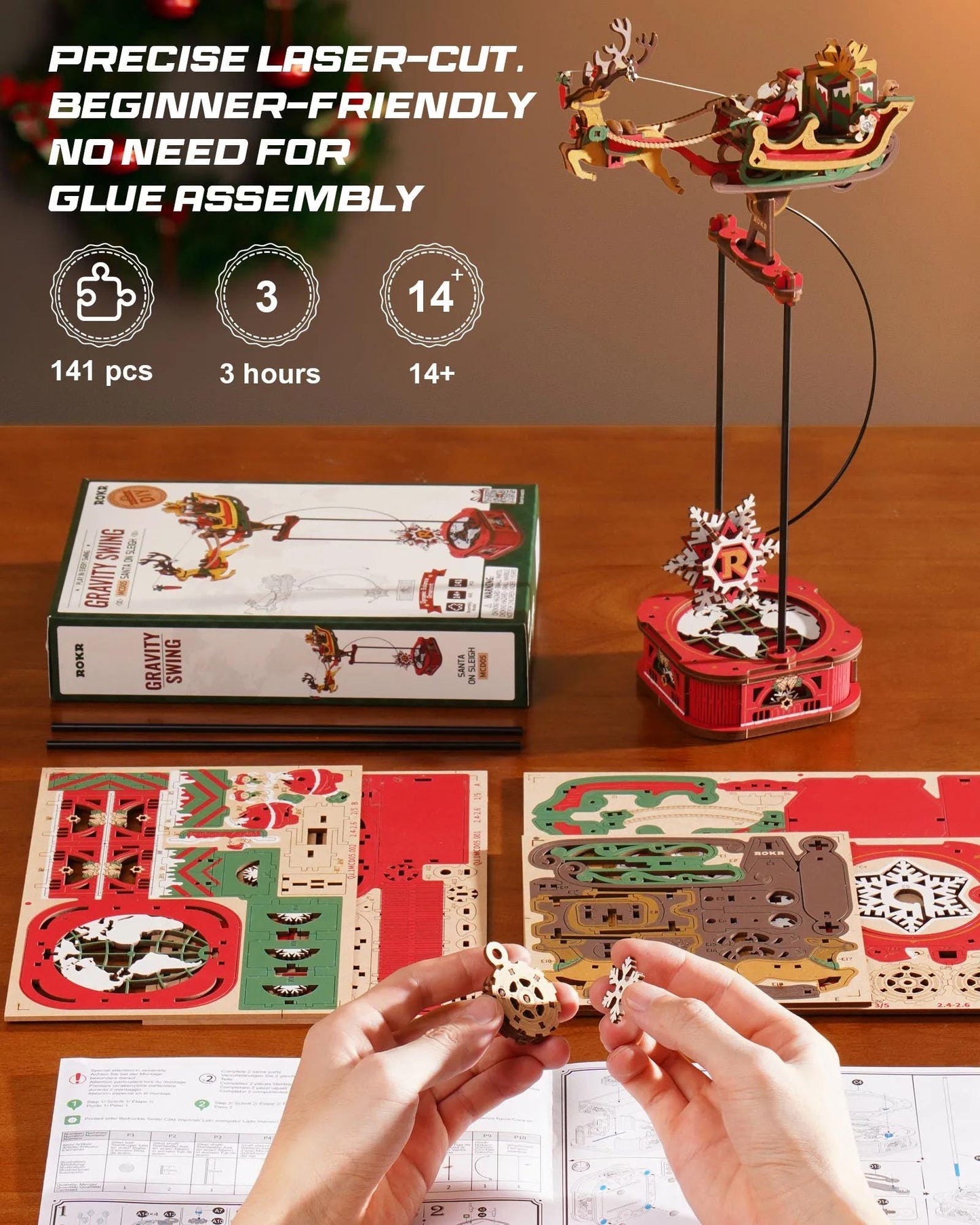 ROKR Santa on Sleigh 3D Wooden Puzzle Pendulum Model MCD05