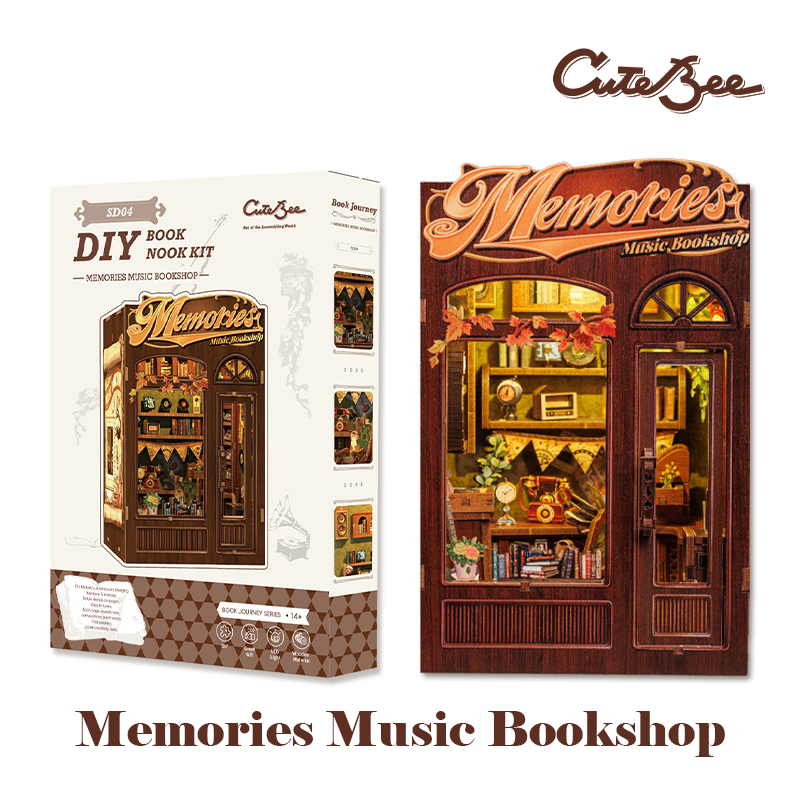 CUTEBEE DIY Book Nook Kit – Memories Music Bookshop Wooden Shelf Insert (SD04B-Y)