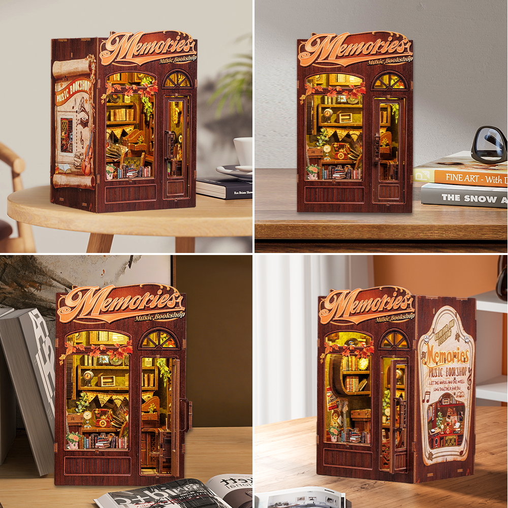 CUTEBEE DIY Book Nook Kit – Memories Music Bookshop Wooden Shelf Insert (SD04B-Y)