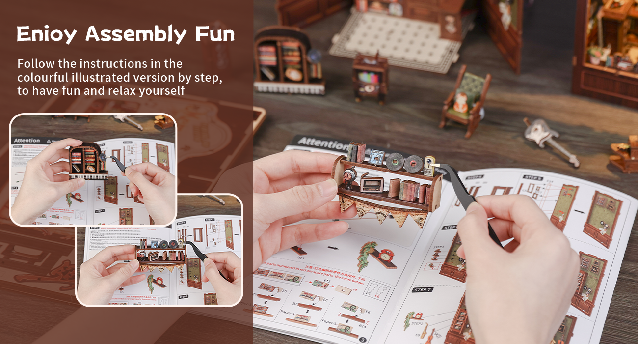 CUTEBEE DIY Book Nook Kit – Memories Music Bookshop Wooden Shelf Insert (SD04B-Y)