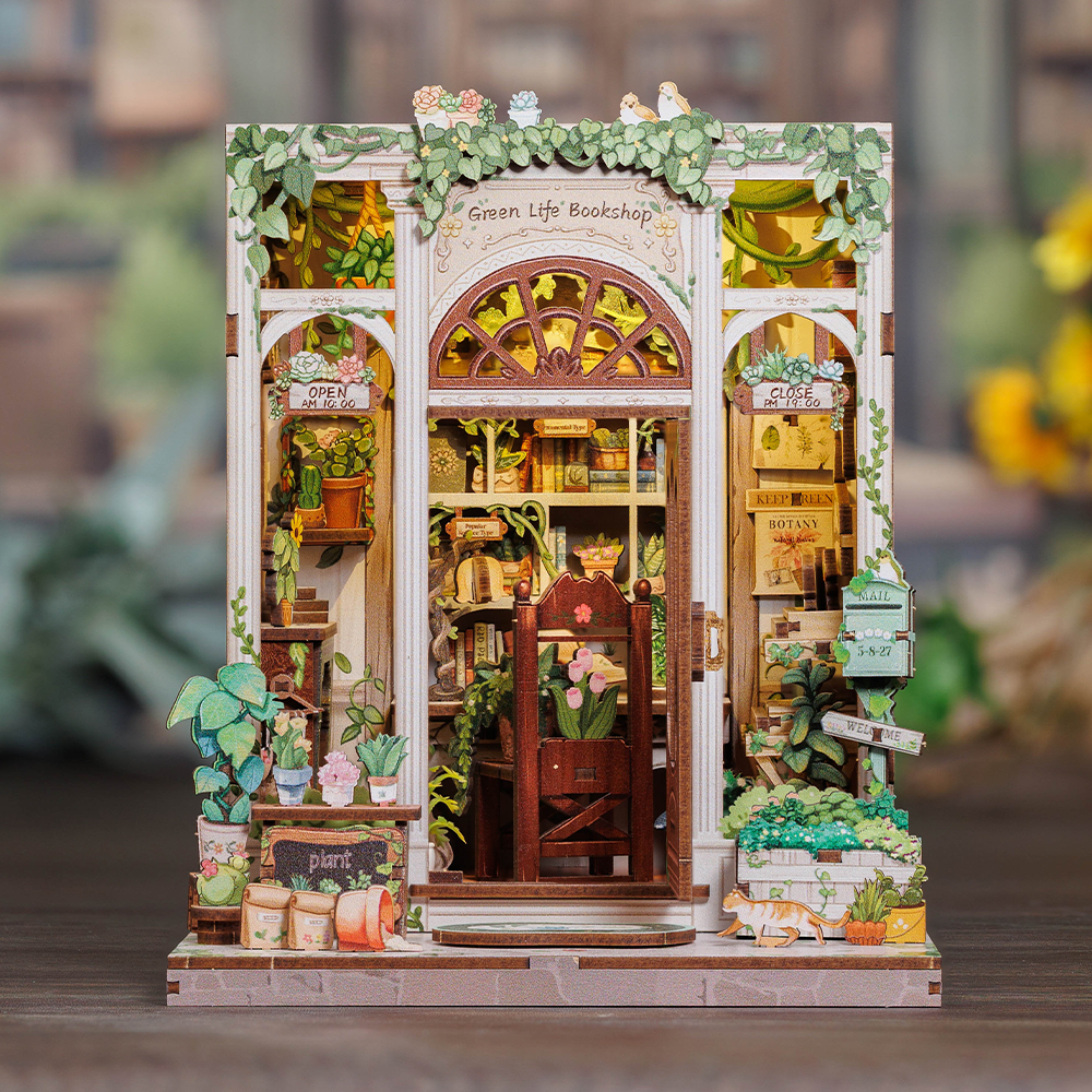 CUTEBEE DIY Book Nook Kit – Green Life Bookshop Wooden Shelf Insert (CWGC203-Y)