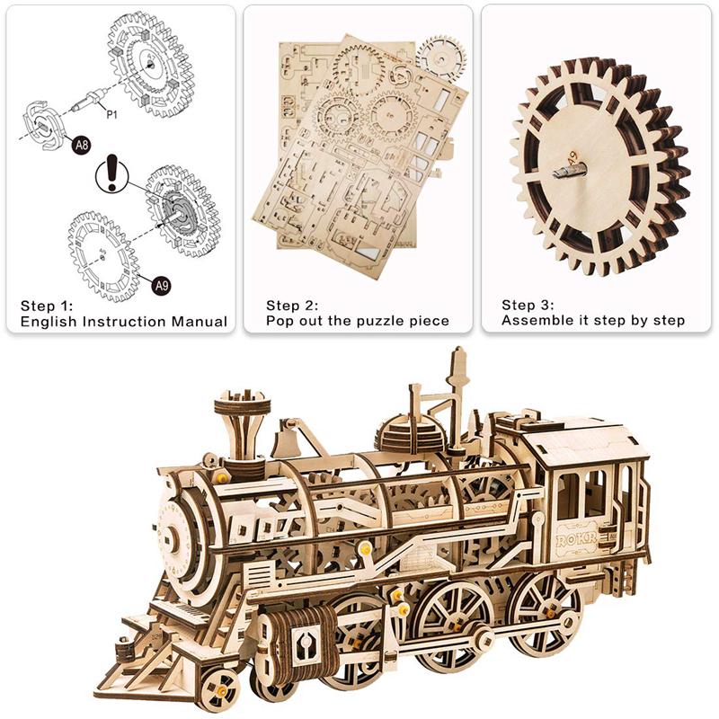 ROKR Locomotive Mechanical Gear 3D Wooden Puzzle DIY Model Kit LK701