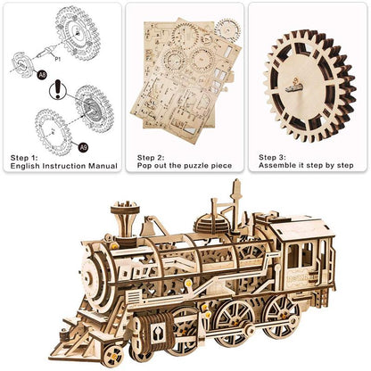 ROKR Locomotive Mechanical Gear 3D Wooden Puzzle DIY Model Kit LK701