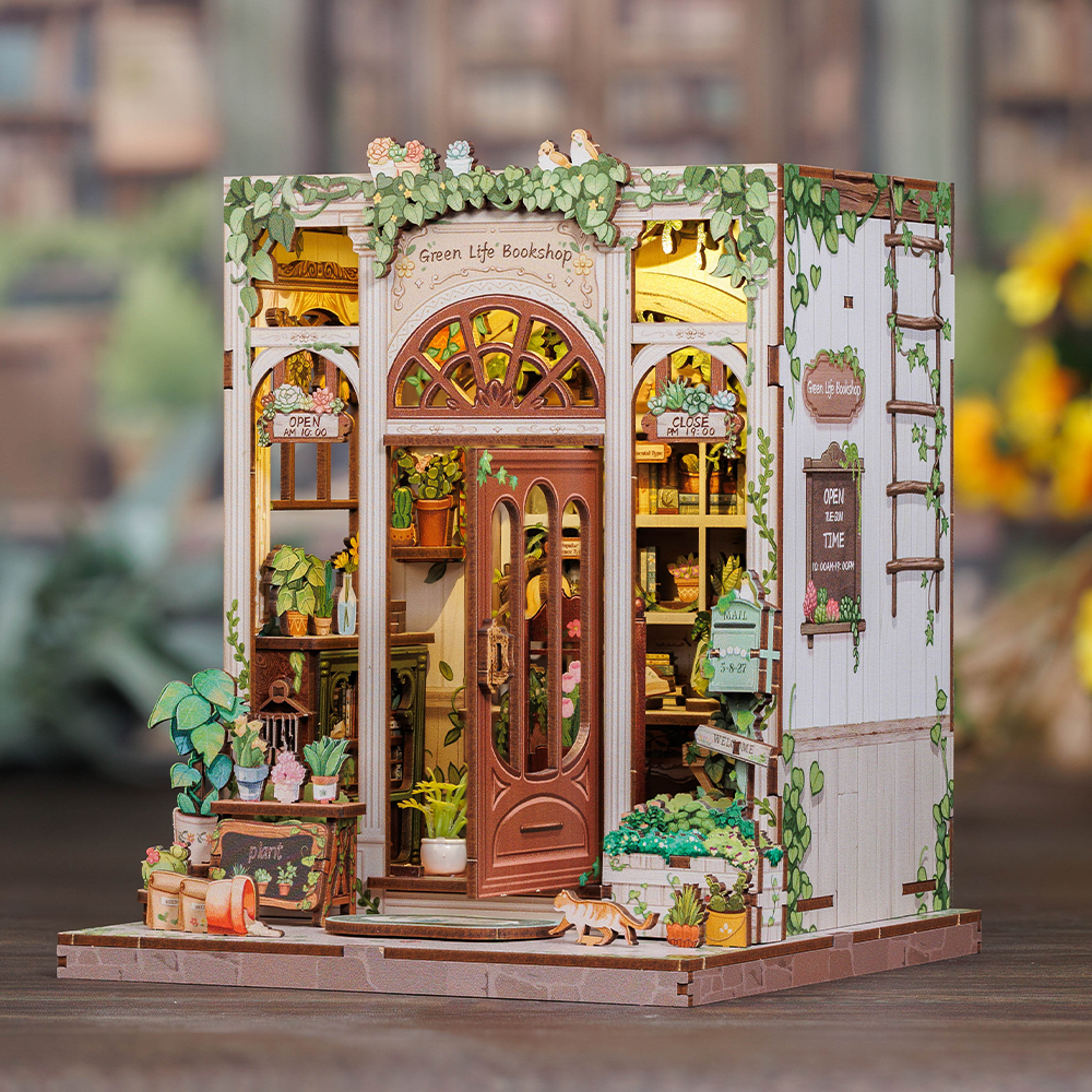 CUTEBEE DIY Book Nook Kit – Green Life Bookshop Wooden Shelf Insert (CWGC203-Y)