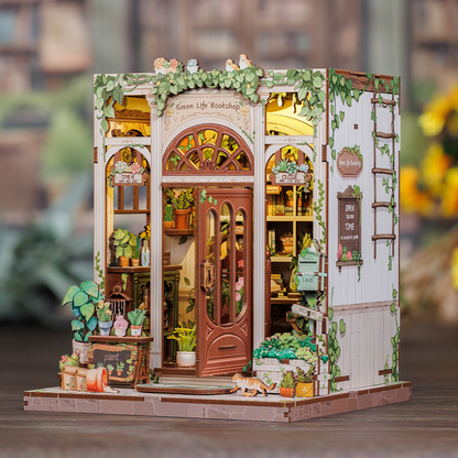 CUTEBEE DIY Book Nook Kit – Green Life Bookshop Wooden Shelf Insert (CWGC203-Y)