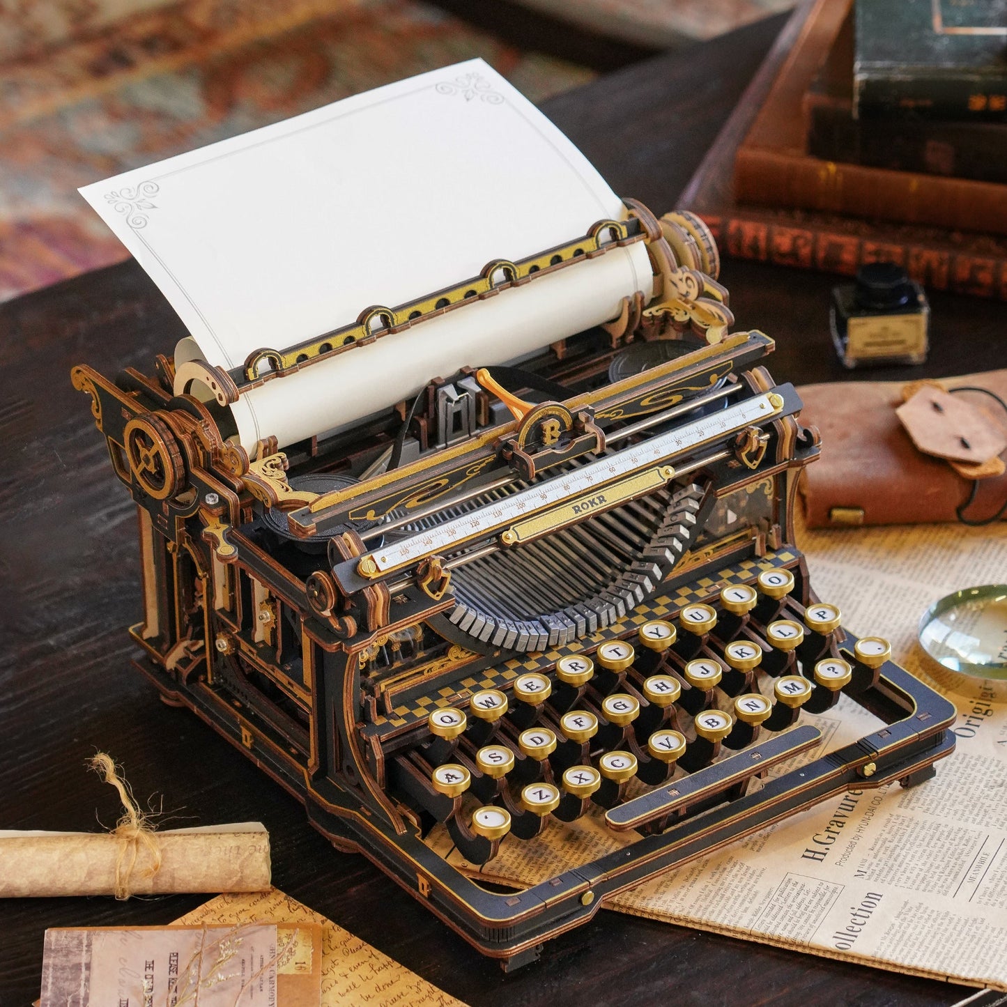ROKR Mechanical Typewriter 3D Wooden Puzzle LK703C – Vintage DIY Model Kit Magic Version