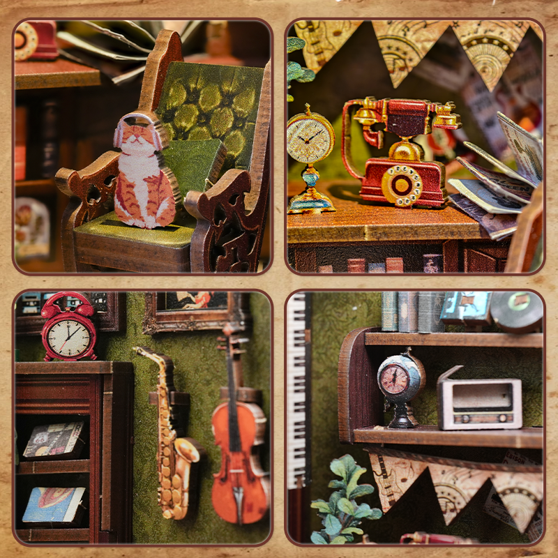 CUTEBEE DIY Book Nook Kit – Memories Music Bookshop Wooden Shelf Insert (SD04B-Y)
