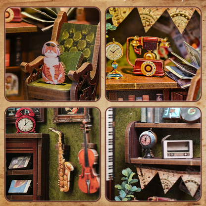 CUTEBEE DIY Book Nook Kit – Memories Music Bookshop Wooden Shelf Insert (SD04B-Y)