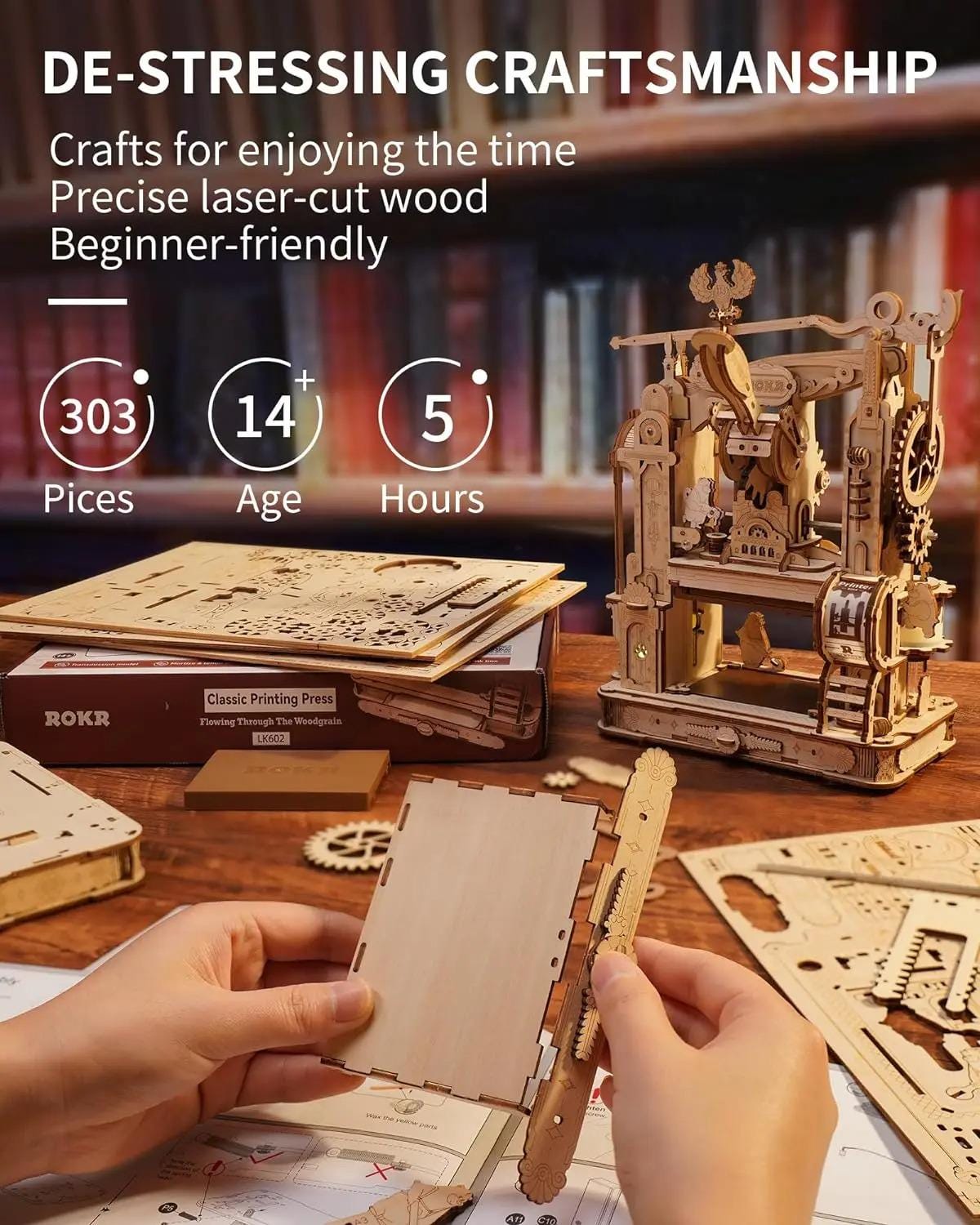 ROKR Classic Printing Press 3D Wooden Puzzle DIY STEM Model Kit LK602