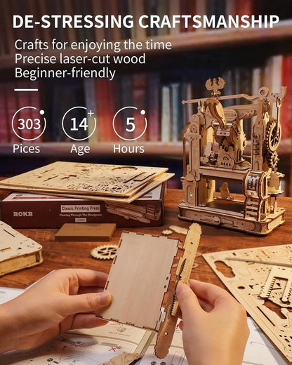ROKR Classic Printing Press 3D Wooden Puzzle DIY STEM Model Kit LK602
