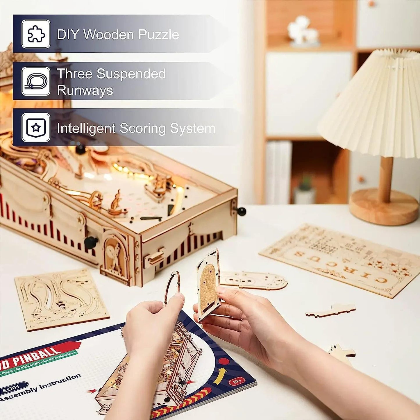 3D Wooden Pinball Machine Puzzle Kit – DIY Mechanical Model with Lights EG01