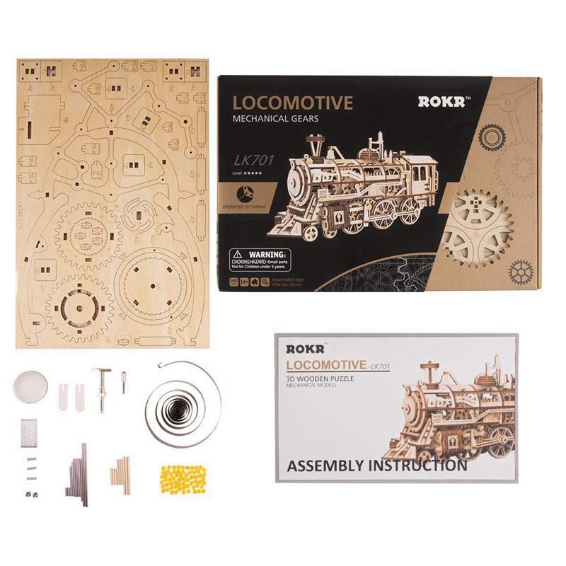 ROKR Locomotive Mechanical Gear 3D Wooden Puzzle DIY Model Kit LK701