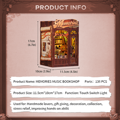 CUTEBEE DIY Book Nook Kit – Memories Music Bookshop Wooden Shelf Insert (SD04B-Y)