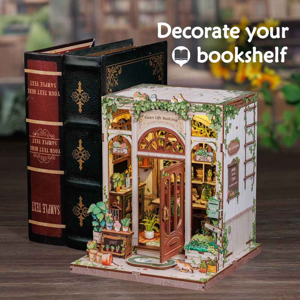 CUTEBEE DIY Book Nook Kit – Green Life Bookshop Wooden Shelf Insert (CWGC203-Y)