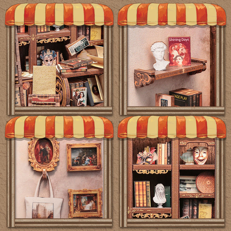 CUTEBEE DIY Book Nook Kit – The Drama Bookshop Wooden Shelf Insert (CWGC206-Y)