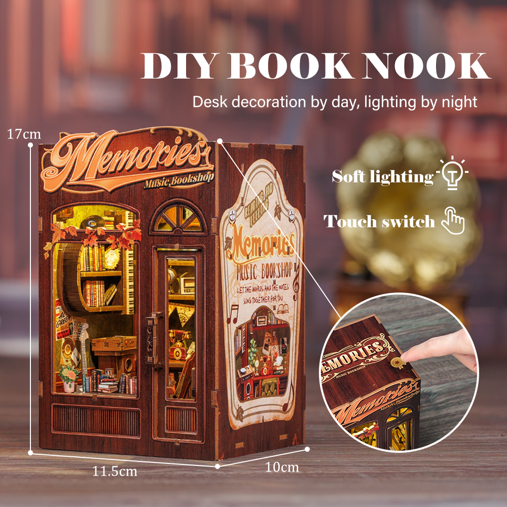 CUTEBEE DIY Book Nook Kit – Memories Music Bookshop Wooden Shelf Insert (SD04B-Y)