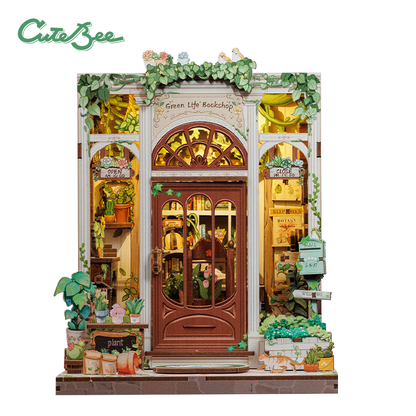 CUTEBEE DIY Book Nook Kit – Green Life Bookshop Wooden Shelf Insert (CWGC203-Y)