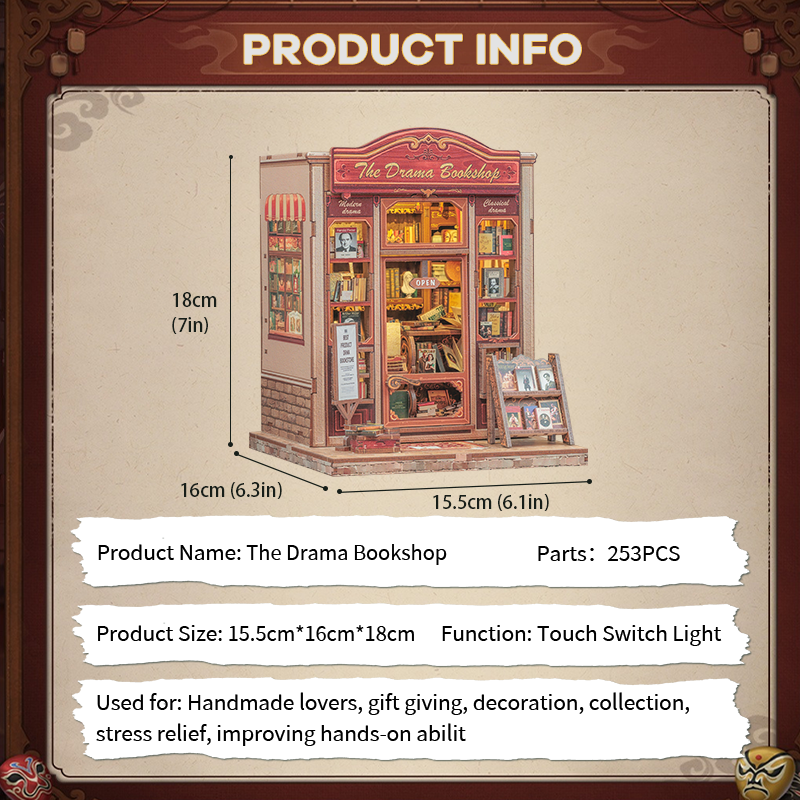 CUTEBEE DIY Book Nook Kit – The Drama Bookshop Wooden Shelf Insert (CWGC206-Y)