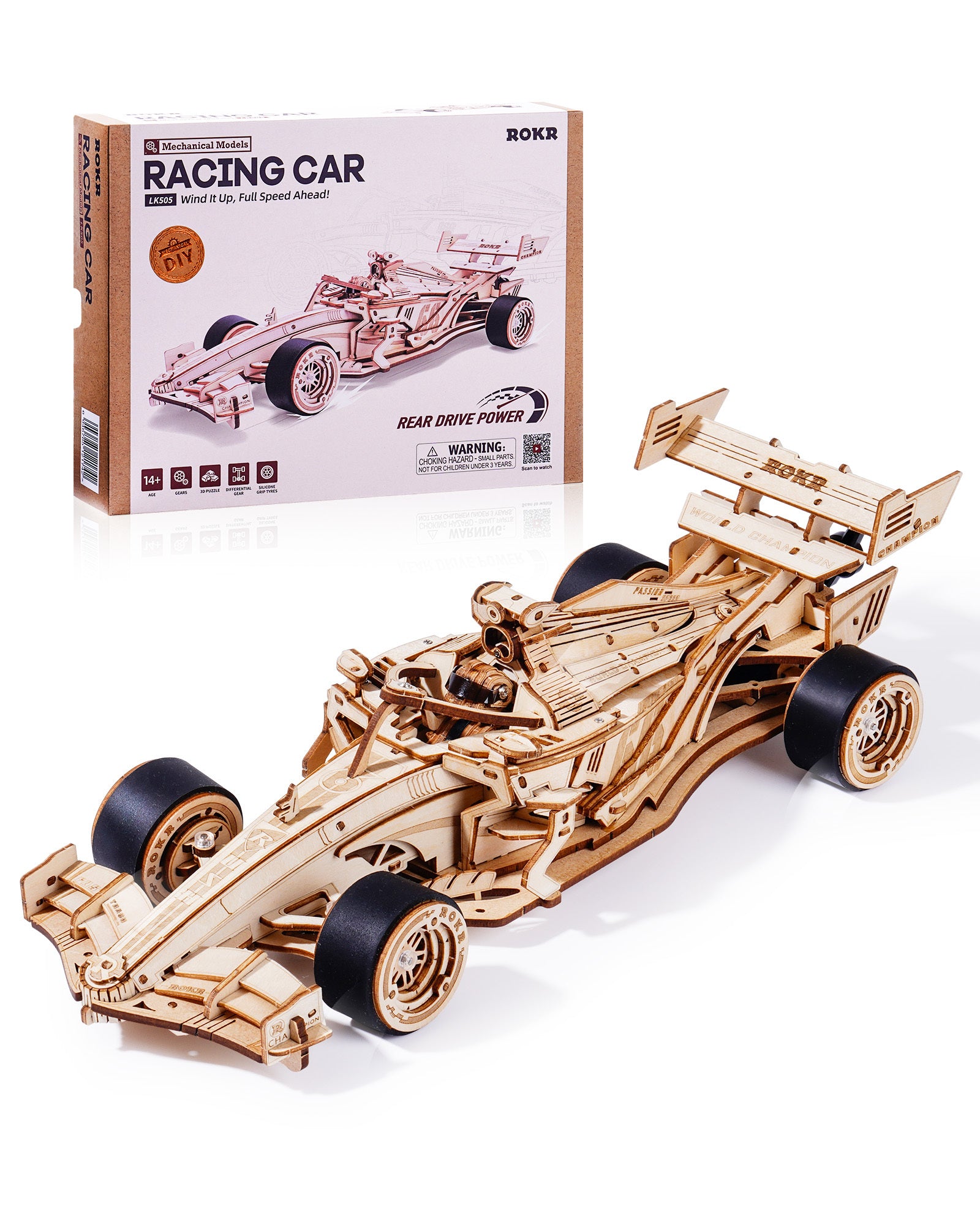 Robotime ROKR Racing Car 3D Wooden Puzzle – DIY Model Kit with Mechanical Roaring Engine