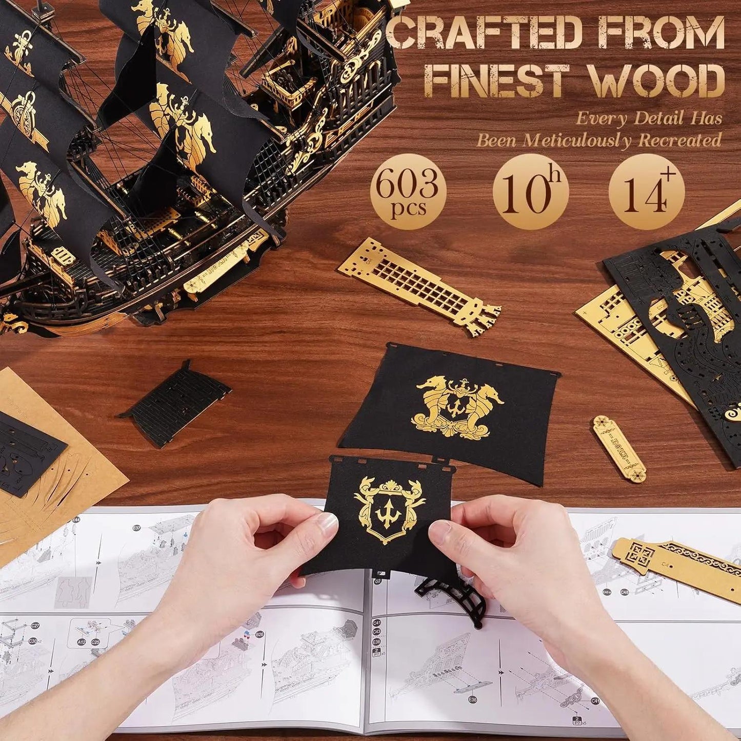 Rokr Seahorse Barque DIY 3D Wooden Ship Puzzle –  Model Kit For Gift & Home Decor