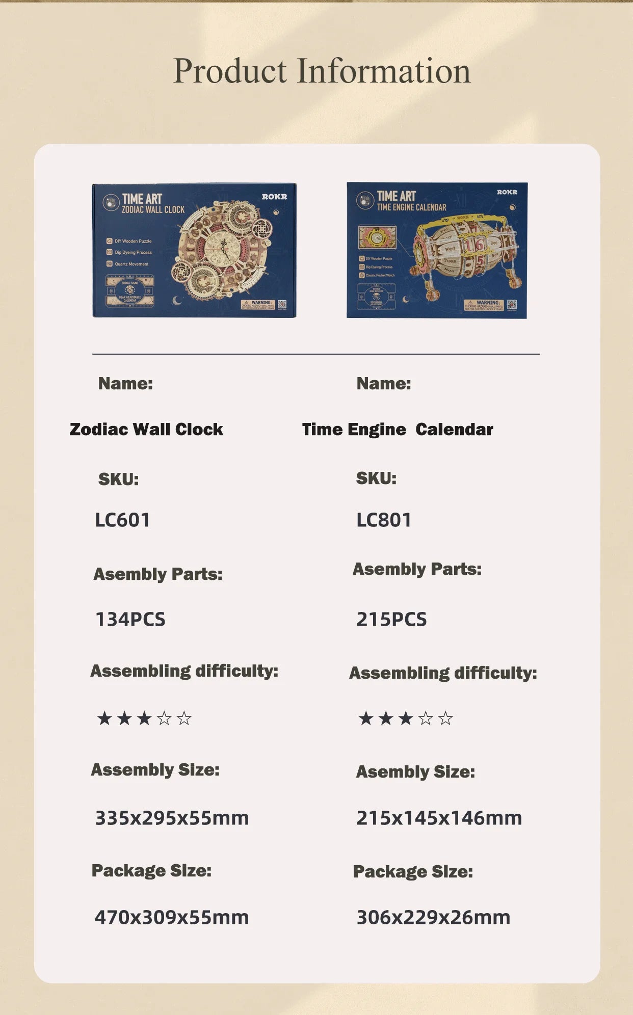ROKR Zodiac Wall Clock Time Art 3D Wooden Puzzle DIY Model Kit LC601