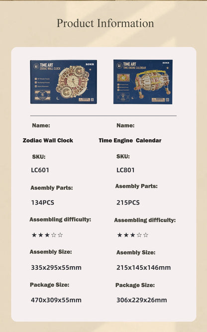 ROKR Zodiac Wall Clock Time Art 3D Wooden Puzzle DIY Model Kit LC601