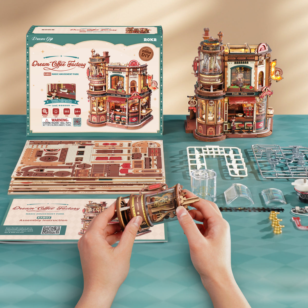 ROKR Dream Coffee Factory Wooden Music Box Mechanical 3D Puzzle EAB02