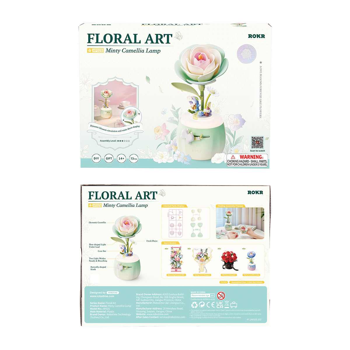 ROKR DIY 3D Flower Night Light – Minty Camellia Lamp Wooden Puzzle Kit (AF02S)