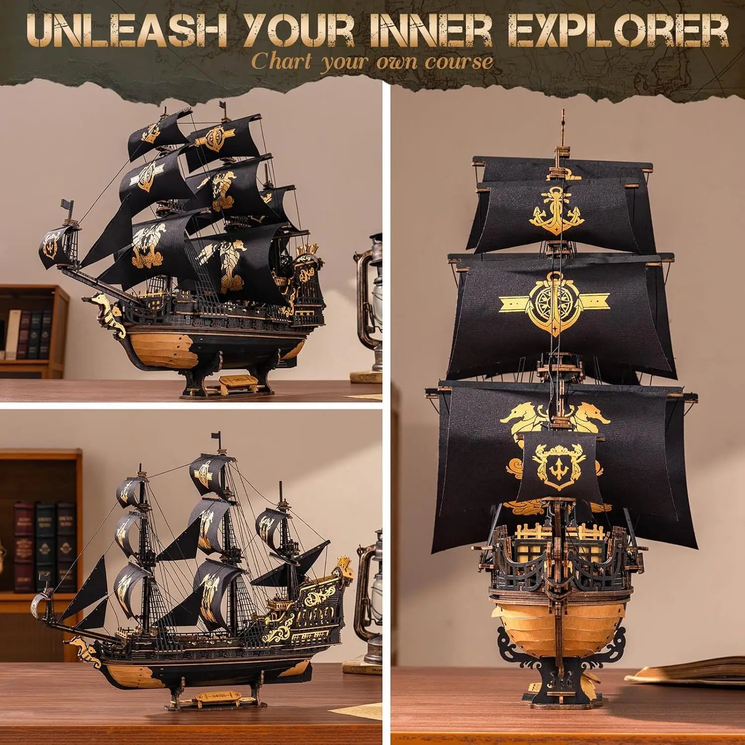 Robotime ROKR 3D Wooden Seahorse Barque Puzzle Kit – Nautical Ship Model for Home Décor & Gift Idea for Teens & Adults