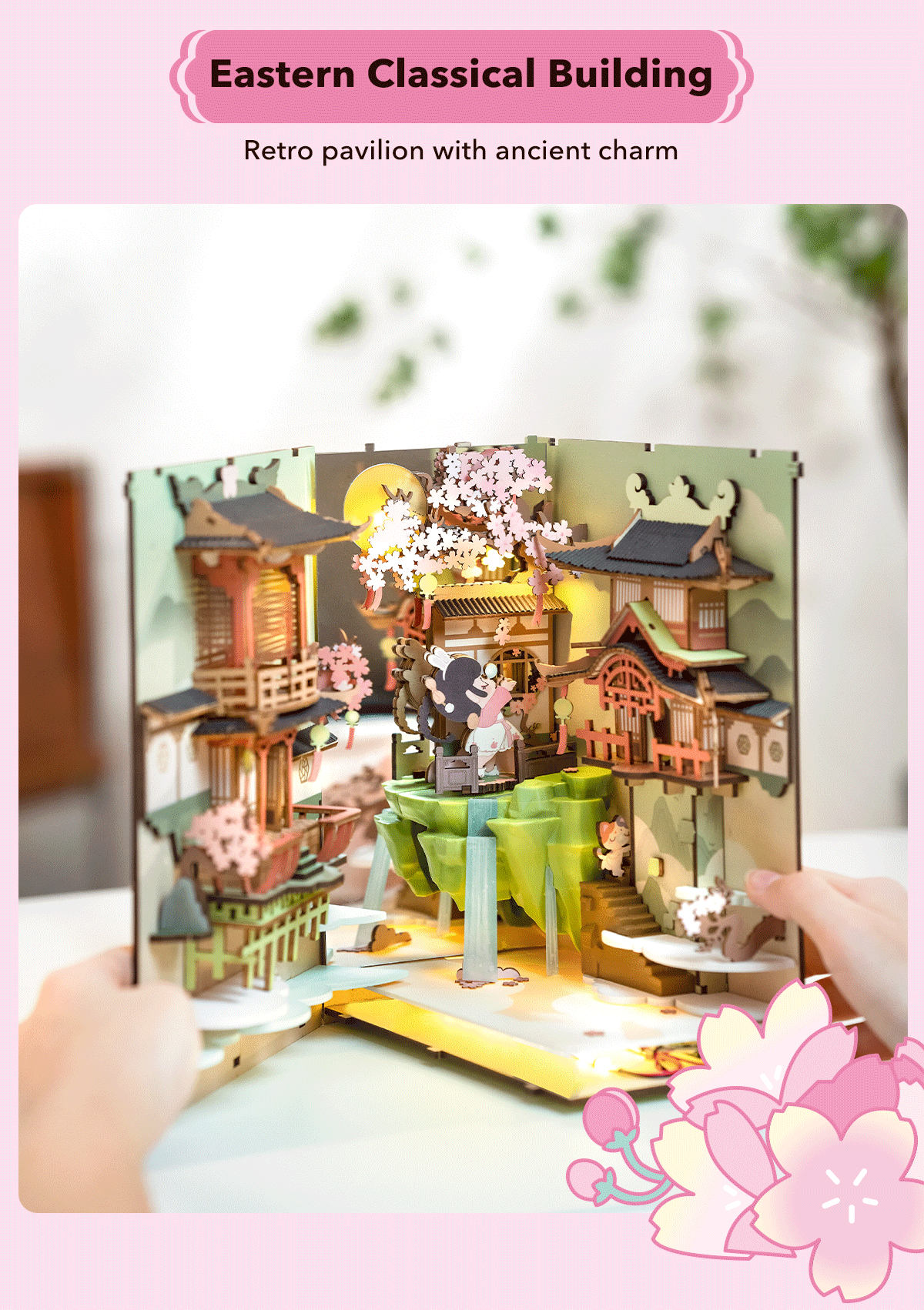 Robotime Rolife Falling Sakura Book Nook DIY Wooden Puzzle Bookend Model Kit TGB05