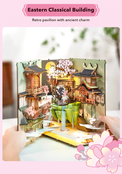 Robotime Rolife Falling Sakura Book Nook DIY Wooden Puzzle Bookend Model Kit TGB05