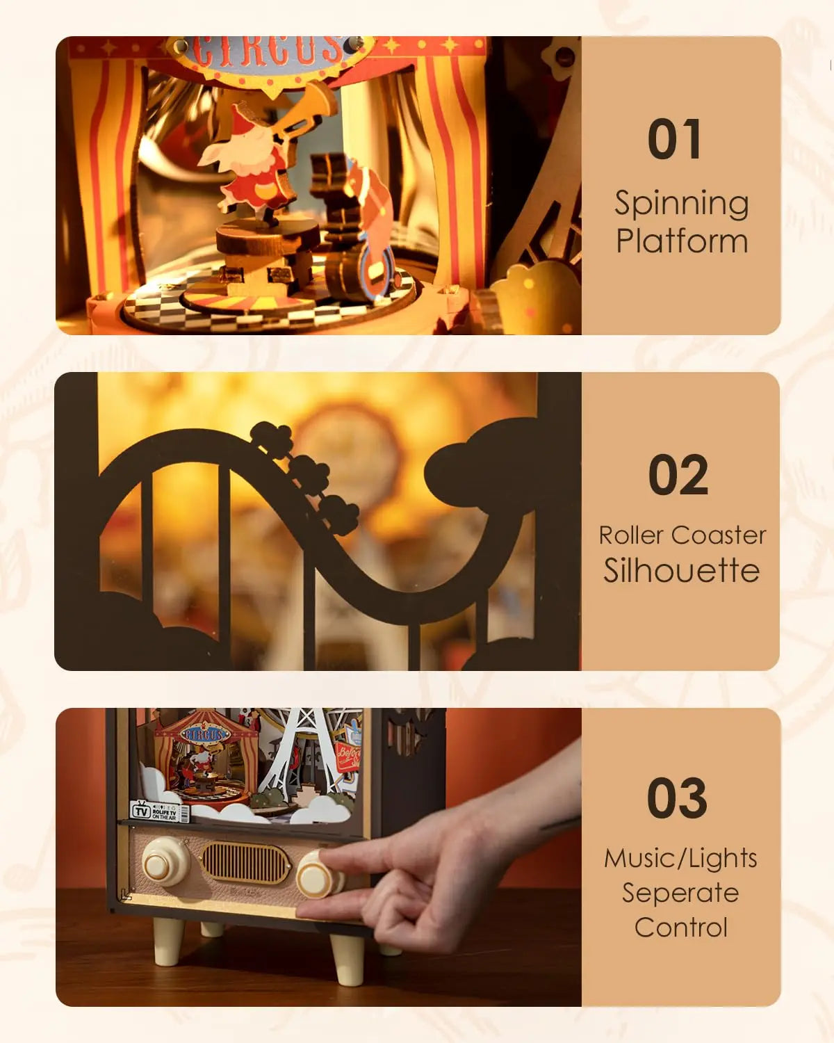 Robotime Rolife Sunset Carnival Series DIY Wooden Puzzle Music Box Model Kit AMT01 AMK81 AMK63
