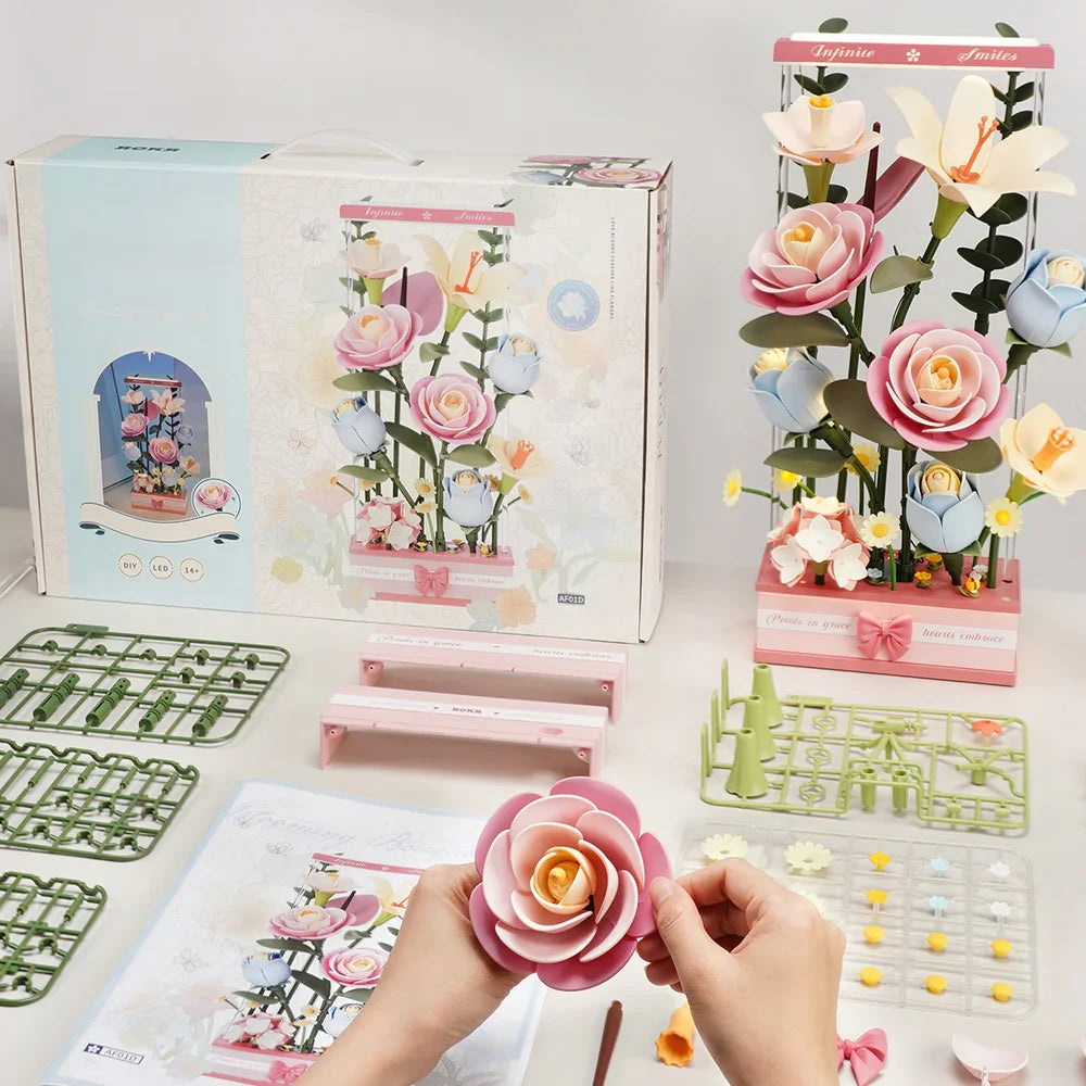 Robotime ROKR Blooming Bouquet Box – 3D DIY Flower Puzzle Kit with LED
