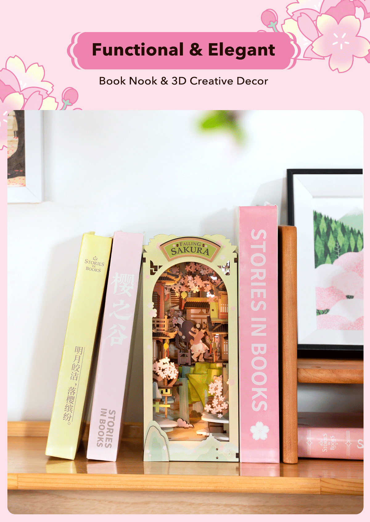 Robotime Rolife Falling Sakura Book Nook DIY Wooden Puzzle Bookend Model Kit TGB05