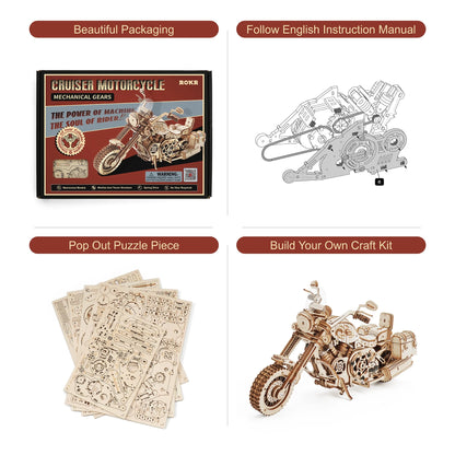 ROKR Cruiser Motorcycle 3D Wooden Puzzle DIY Model Kit LK504