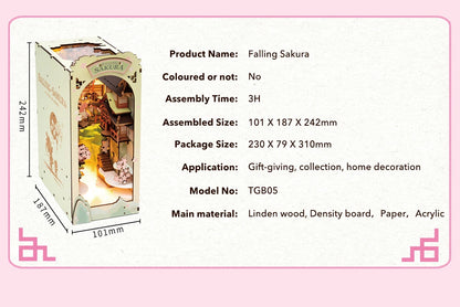 Robotime Rolife Falling Sakura Book Nook DIY Wooden Puzzle Bookend Model Kit TGB05