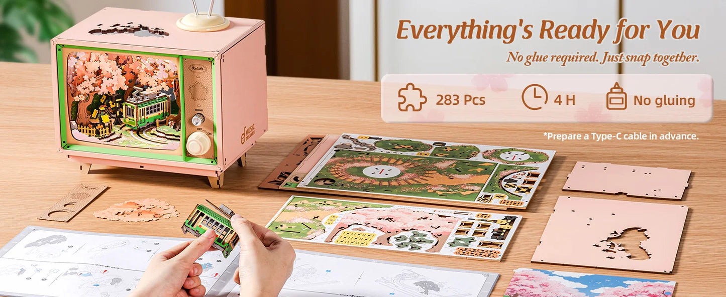 Rolife Sakura Dreamy Tour Wooden Music Box 3D Puzzle DIY Model Kit AMT02
