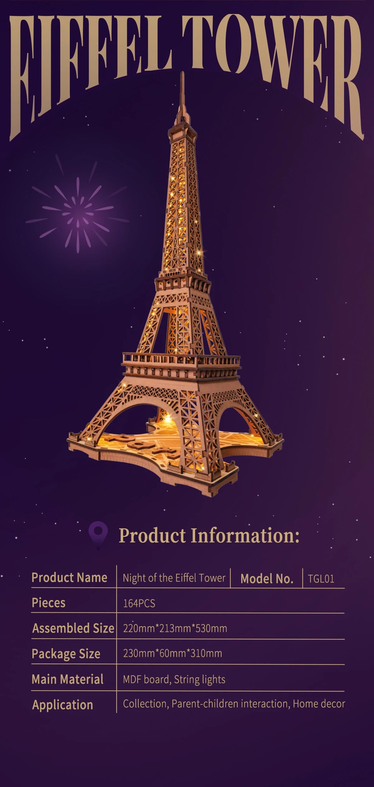 Robotime Rolife Night of the Eiffel Tower 3D Wooden Puzzle DIY Miniature House Model Kit TGL01