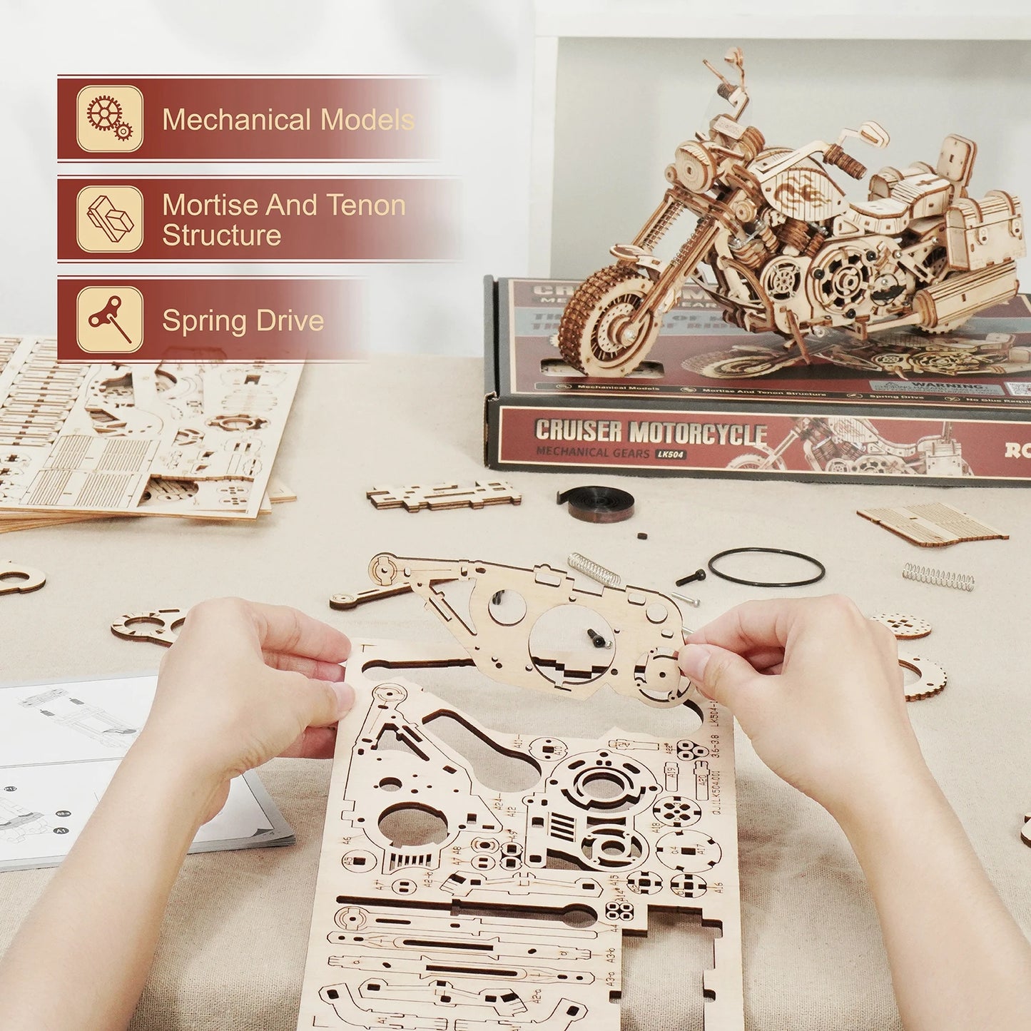ROKR Cruiser Motorcycle 3D Wooden Puzzle DIY Model Kit LK504