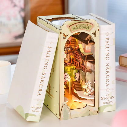 Robotime Rolife Falling Sakura Book Nook DIY Wooden Puzzle Bookend Model Kit TGB05