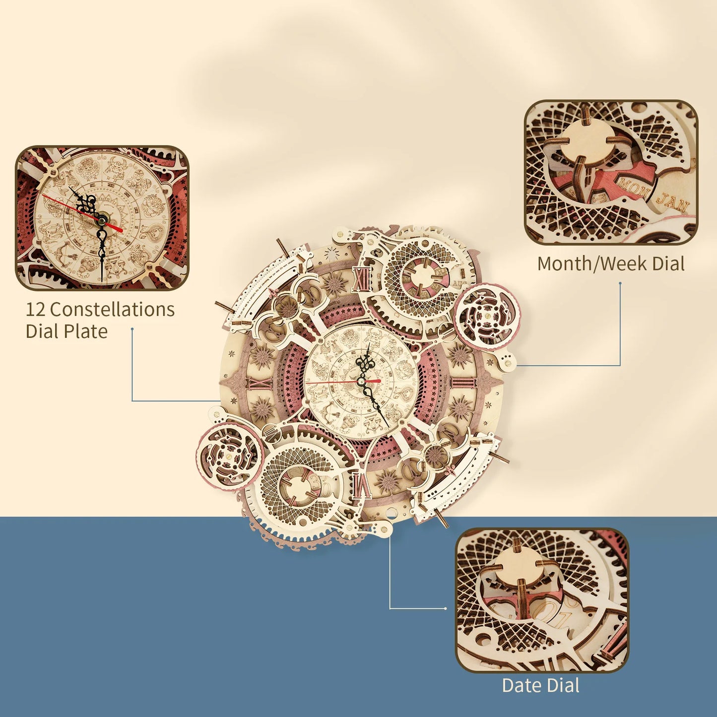 ROKR Zodiac Wall Clock Time Art 3D Wooden Puzzle DIY Model Kit LC601