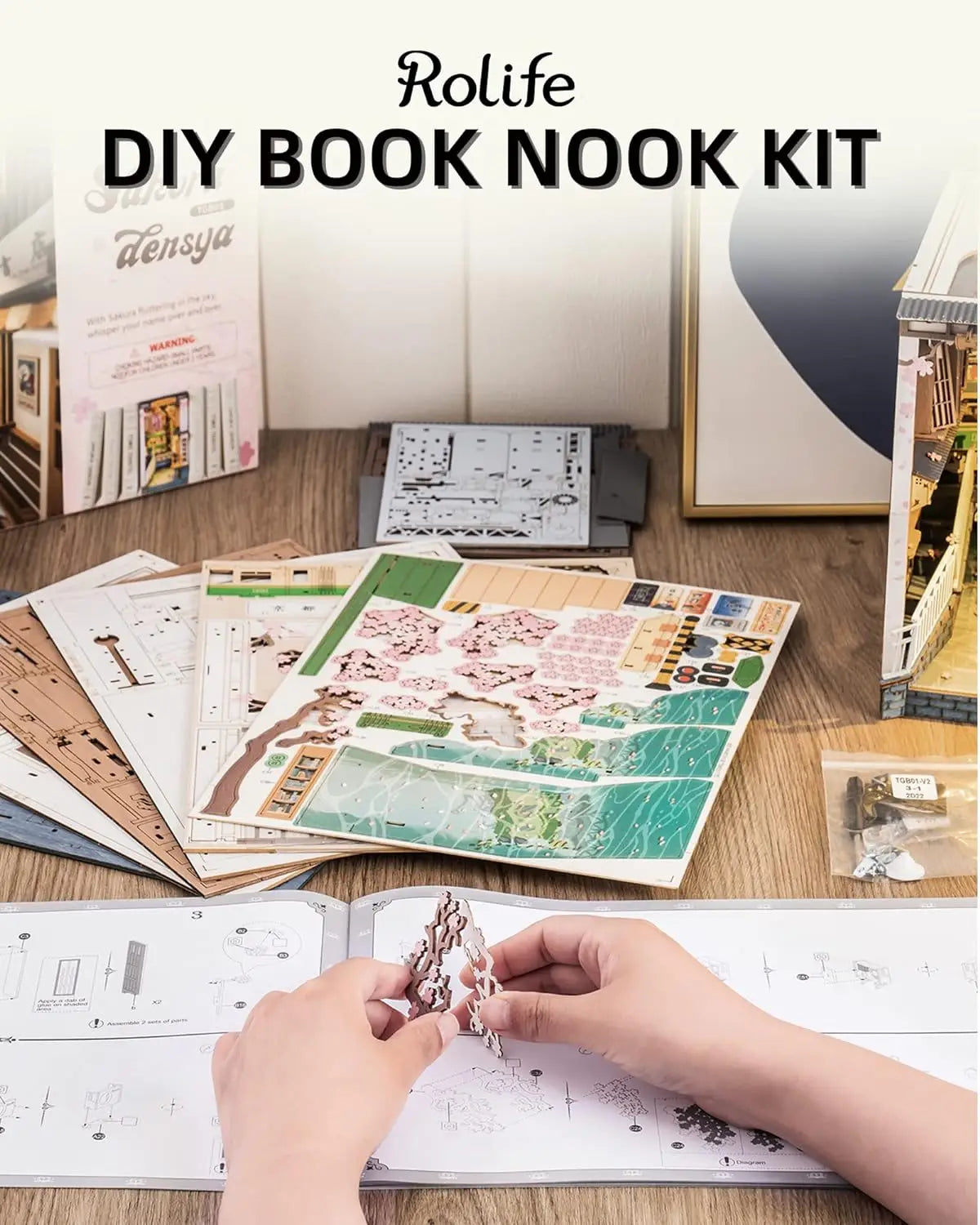Robotime Rolife Sakura Densya Book Nook DIY Wooden Puzzle Bookend Model Kit TGB01