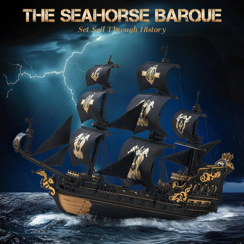 Robotime ROKR 3D Wooden Seahorse Barque Puzzle Kit – Nautical Ship Model for Home Décor & Gift Idea for Teens & Adults