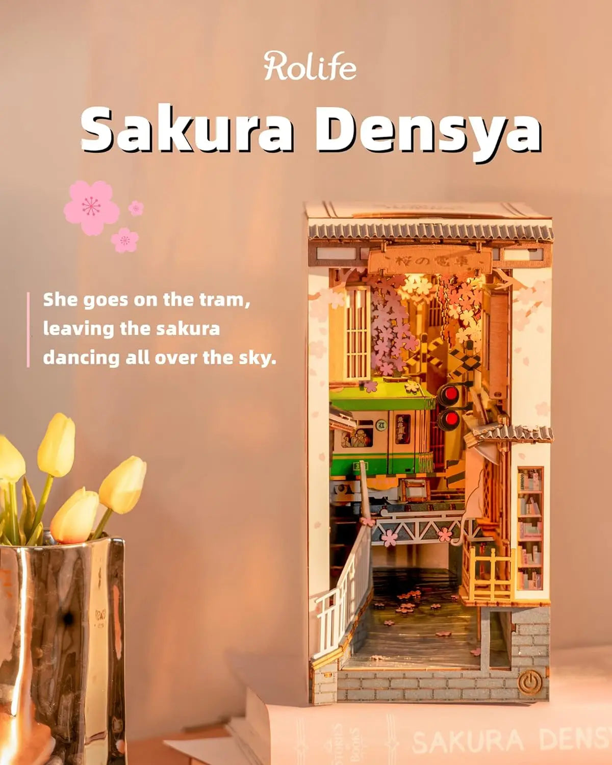 Robotime Rolife Sakura Densya Book Nook DIY Wooden Puzzle Bookend Model Kit TGB01