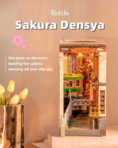 Robotime Rolife Sakura Densya Book Nook DIY Wooden Puzzle Bookend Model Kit TGB01