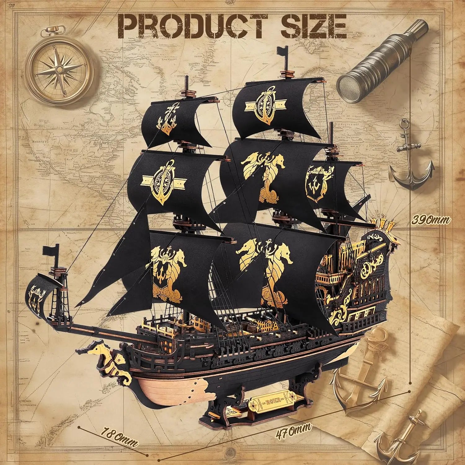 Robotime ROKR 3D Wooden Seahorse Barque Puzzle Kit – Nautical Ship Model for Home Décor & Gift Idea for Teens & Adults