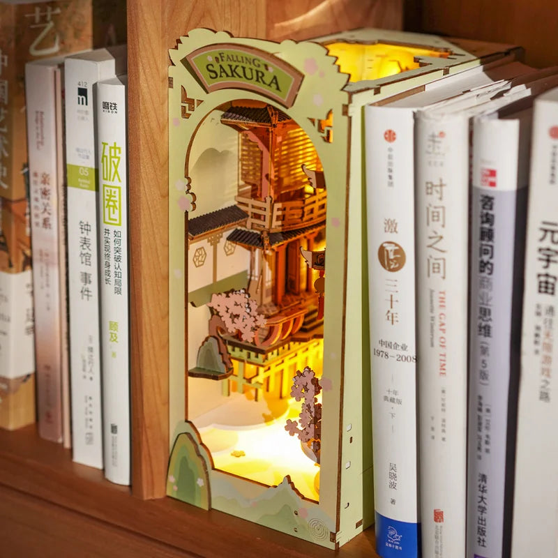 Robotime Rolife Falling Sakura Book Nook DIY Wooden Puzzle Bookend Model Kit TGB05